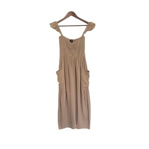 Laka Women Tan Cotton Gauze Smocked Ruffle Wide Leg Jumpsuit Small